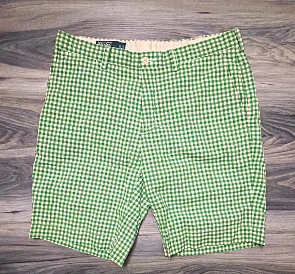 Polo by Ralph Lauren Suffield Short Green/White Gingham Cotton Flat Front 34w